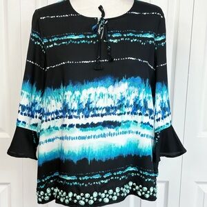NWT Rafaella Sheer Black & Blue Tie Dye Beaded Hem Peasant Top MP